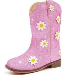 ⚡Girls Daisy Pink Floral Embroidered Cowgirl Boots Western Square Toe Mid Calf